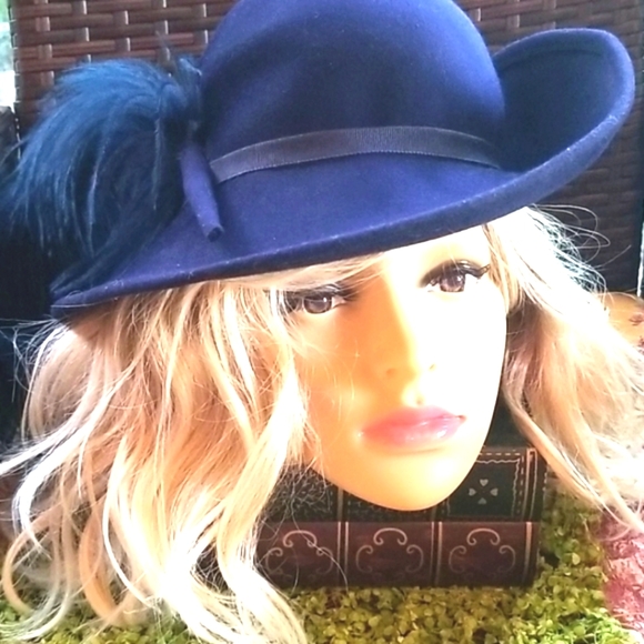 Adolfo Accessories - Vtg ADOLFO II Wool Feather Blue Plume Quills Hat